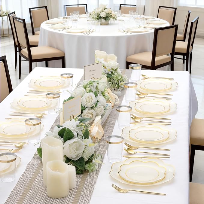 EI 180pcs Beige Plastic Plates with Gold Plastic Silverware,Heavy-Duty Disposable Plates for Party,White Dinnerware Set for 30 Guest Wedding,Afternoon Tea,Spring,Valentine's Day,Easter