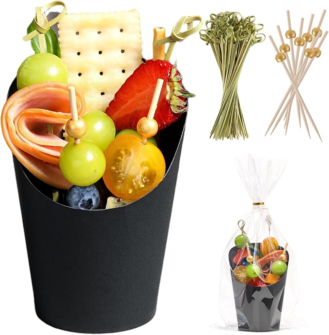 Disposable Charcuterie Cups 120 PCS with 200PCS Sticks and 120PCS Bags, 14 oz Kraft Paper Snack Boxes Appetizers Cup French Fry Holder with Cocktail Skewers Toothpicks Tooth Picks, Black