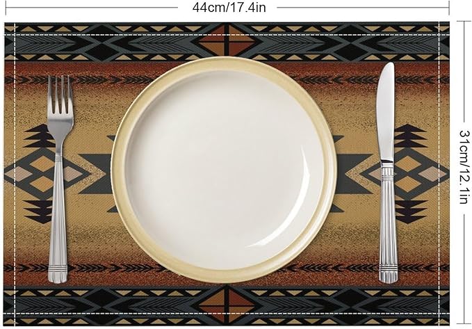 Aztec Southwest Placemats Rustic Tribal Geometric Decorative Table Mat Antique Native Heat Resistant Place Mats for Dining Kitchen Party Holiday Decor 12x18Inch Set of 6