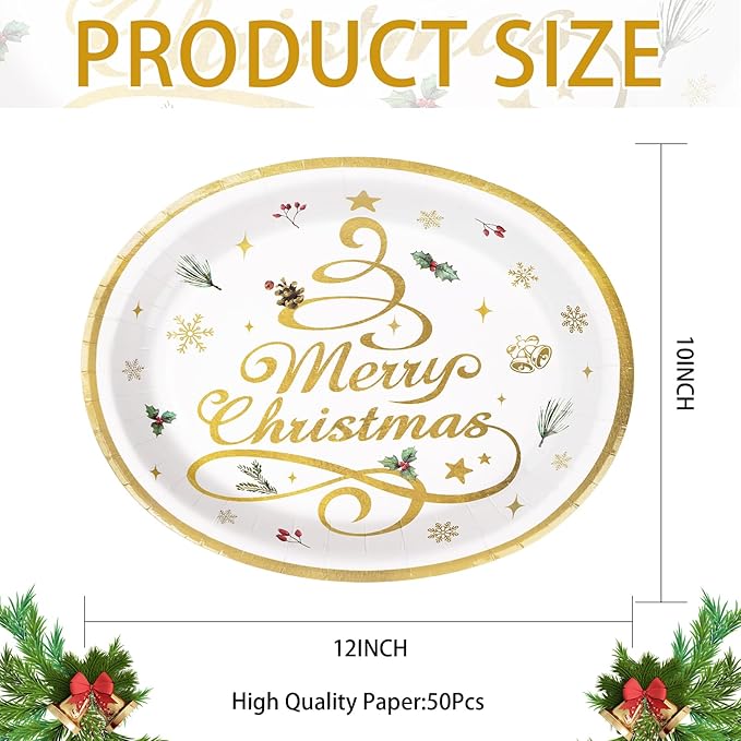 Grencian 50pcs Merry Christmas Oval Paper Plates - 10" x 12" Heavy Duty 400GSM Gold Christmas Tree Dessert Plates for Xmas Winter Holiday Party Supplies