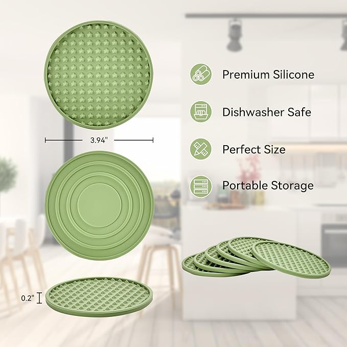 Coasters for Drinks, Silicone Coasters Set of 12 with ABS Holder, Outdoor Coaster for Coffee Table, Non-Slip Rubber Table Cup Mat Desk, Heat Resistant & Scratch-Proof (Green)