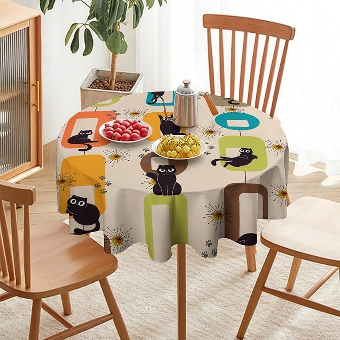 Bohemian Black Cat Round Tablecloth, Rustic Vintage Mid Century Geometric Tablecloth for Home Party Dining Room Kitchen Decor 36Inch(90cm)