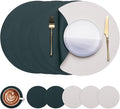 Myir JUN Round Placemats Set of 6 Faux Leather Place Mats and Coasters 15 inch Round Table Mats Dual Sided Non-Slip Stain Resistant Placemats (Beige & Green, Set of 6)