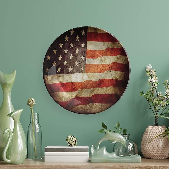 Ceramic Plates, American Flag Decorative Ceramic Plates, Grunge Look Patriotic, 7 Inch, Household Plates Decorative, Multicolor