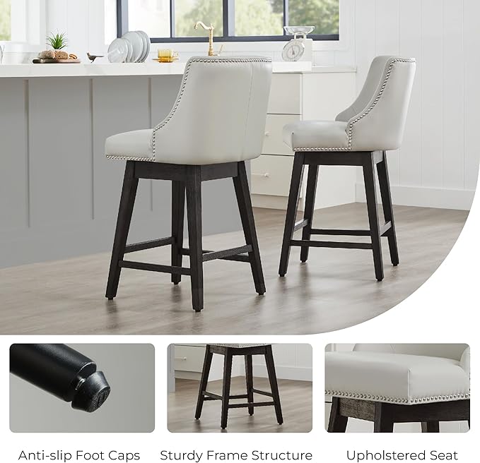 CHITA Counter Height Swivel Bar Stools Set of 2, FSC Certified Upholstered Counter Stools, Modern Swivel Barstools with Wood Legs for Kitchen Island, 26" Seat Height, Faux Leather in Creamy Grey