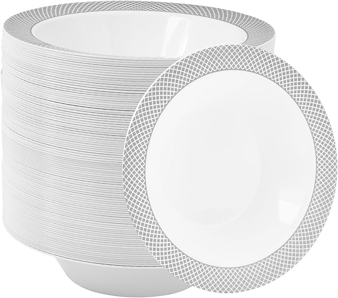 JOLLY CHEF 100 Pack Plastic Bowls with Silver Rim, 12 oz Disposable Soup Bowls, Heavy Duty Dessert Bowls for Weddings, Party, Dinners, Catering, Christmas and Everyday Use