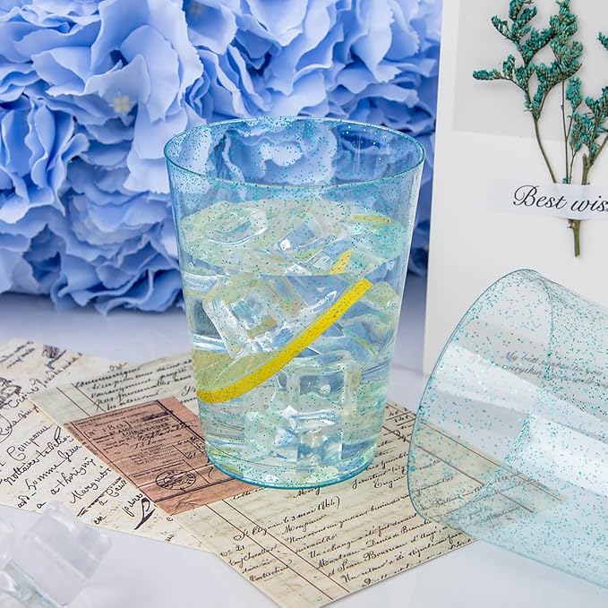 DaYammi 100 Pack 10 oz Blue Plastic Cups Disposable Cups Tumblers, Elegant Blue Glitter Party Drinking Cup Perfect for Wedding, Fancy Disposable Cups Plastic Cocktail Glasses Wine Glasses for Party