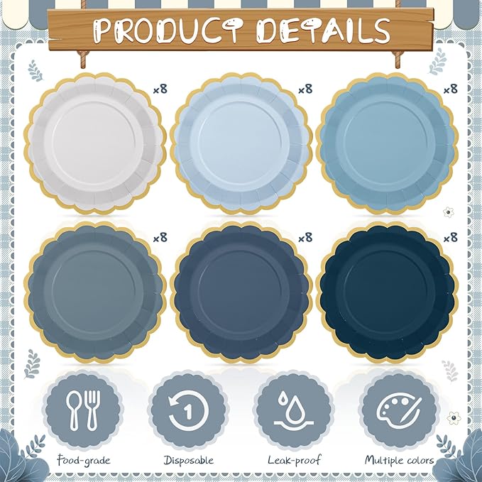 48 Pcs Dusty Blue Paper Plates 9 Inch Gradient Scalloped Paper Blue Plates Disposable Dinner Dessert for Birthday Wedding Bridal Party Supplies, 6 Colors