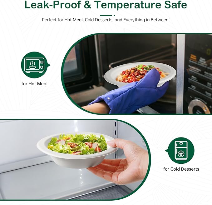 𝟭𝟲 𝗼𝘇, 𝟭𝟮𝟴-𝗣𝗮𝗰𝗸 Compostable Paper Bowls, Heavy-Duty Biodegradable Disposable Bowls Made from Bagasse, Eco-Friendly, Microwave & Freezer Safe (White)
