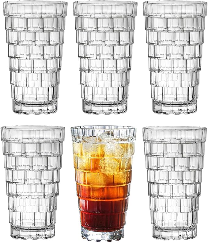 Vintage Drinking Glasses Set of 6, 15 oz Brick-Shaped Glass Cups, Mojito Glass Cups Stackable Water Tumbler, for Beer, Cocktail, Whiskey, Juice & Mixed Drinks.
