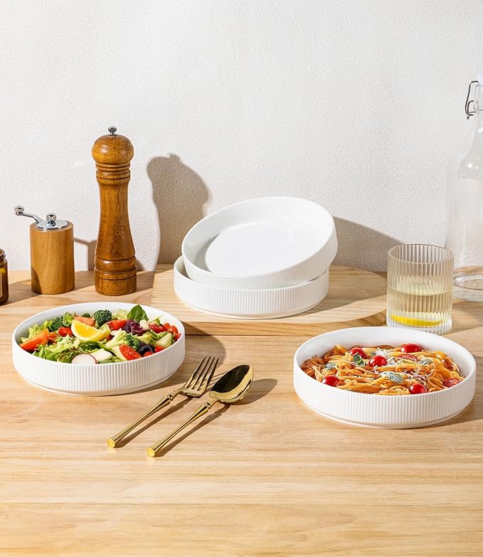theterra 7.5'' Ceramic Pasta Bowls, Salad Bowls Set of 4, Stoneware Serving Bowls for Fruits, Noodle, Dinner, House-warming Wedding Present, Bright White