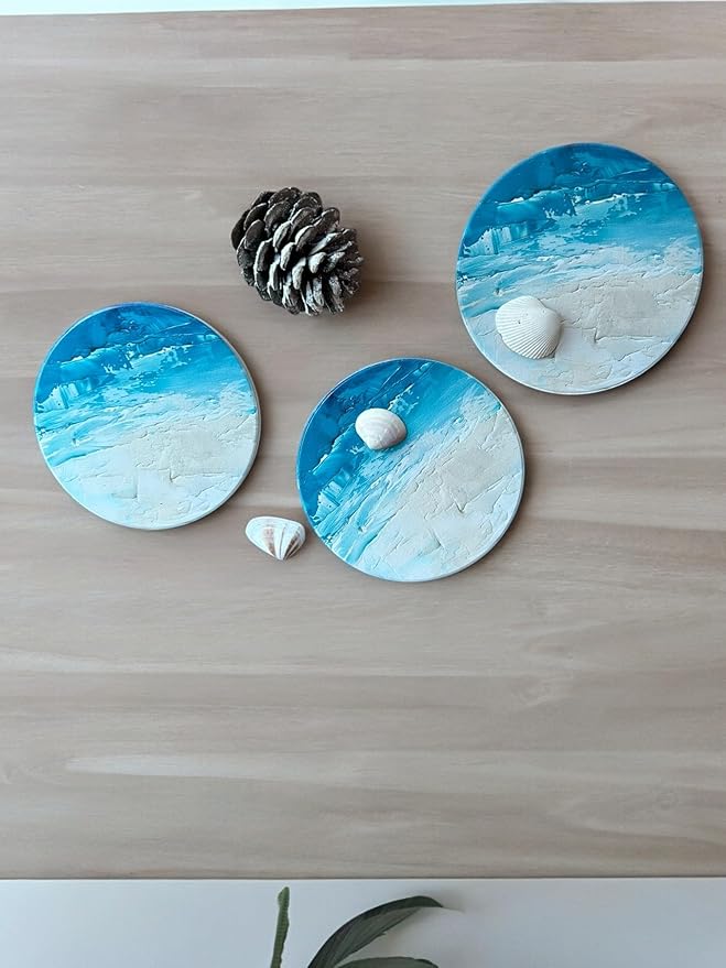 Ceramic Absorbent Coasters Set of 6 with Holder, Marble Drink Coasters for Coffee Table, Water-Absorbing Stone Coasters (Blue Waves Design)