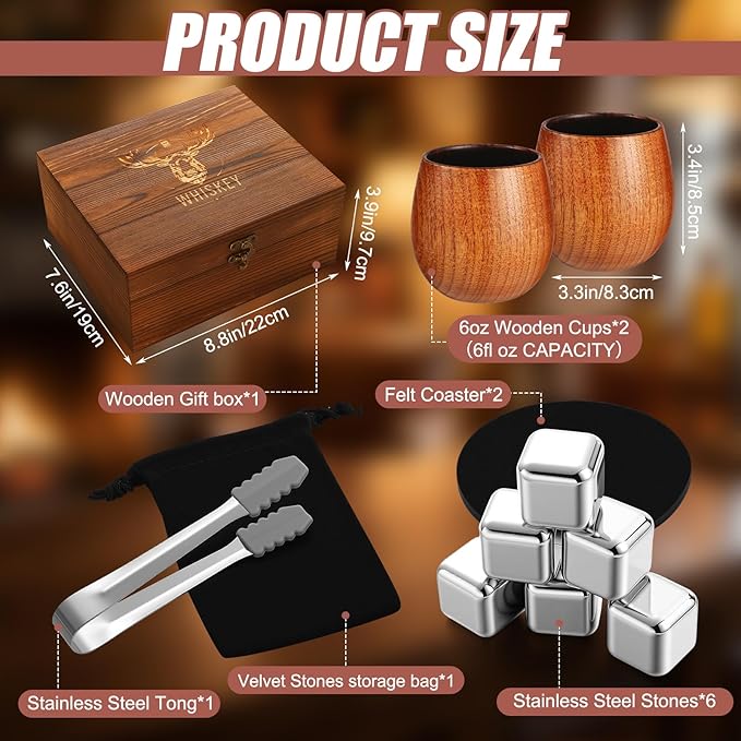 Charred Wooden Bourbon Drinking Glasses Set of 2 for Men 6 oz Whiskey Glasses 6 Ice Cubes Charred Bourbon Gifts for Dad Men Brother or Whiskey Lovers Birthday Holidays Supplies