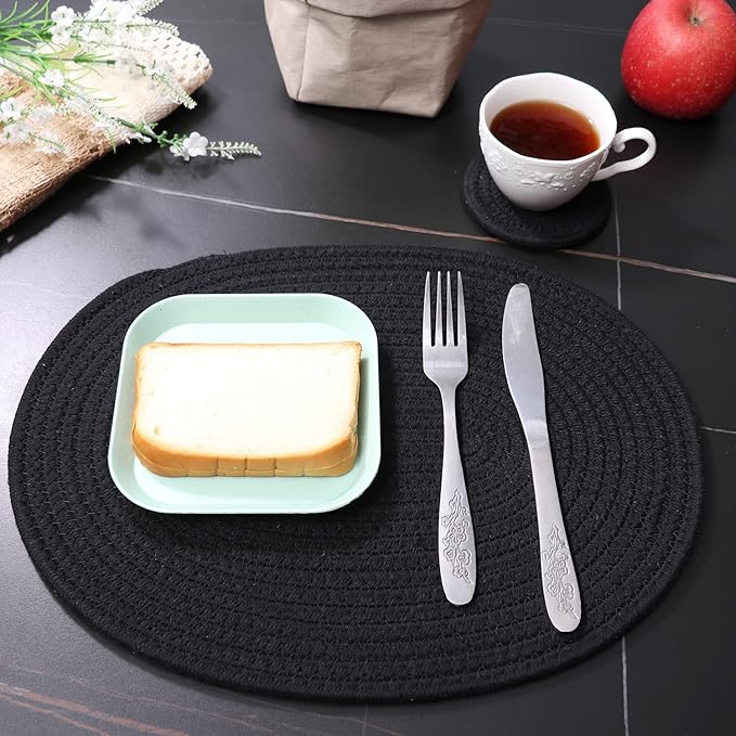 Braided Placemats Set of 4 Cotton Fabric Oval Table Mats Non Slip Washable 16 * 12 inch Oval Place Mats, 4 Pack Black Rope Woven Placemats