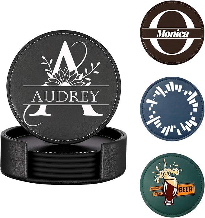 Custom Coasters, Personalized Coasters with Logo/Name/Photo, Set of 6 Leather Coaster with Holder, for Coffee Table, Bar, Beer, Wine Cup Housewarming