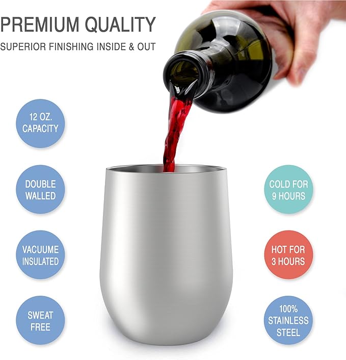 CHILLOUT LIFE 12 oz Stainless Steel Wine Tumblers 2 Pack - Double Wall Vacuum Insulated Wine Glasses Cups with Lids and Straws Set Keeping Cold & Hot for Coffee, Beer, Ice Cream - Dishwasher Safe