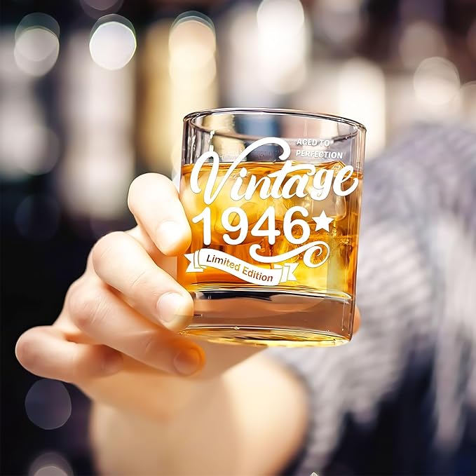 Old Fashioned Glasses-1946-Vintage 1946 old time information 10.25oz Whiskey Rocks Glass -80th Birthday Aged to Perfection - 80 years old gifts Bourbon Scotch Lowball Old Fashioned-1PACK