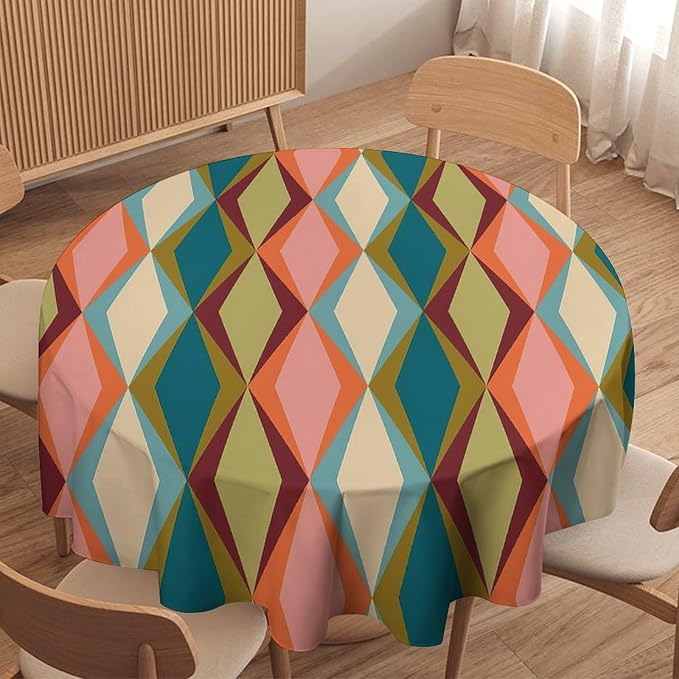 Abstract Geometric Boho Round Tablecloth, Retro Modern Mid Century Tablecloth for Home Party Dining Room Kitchen Decor 60Inch(152cm)