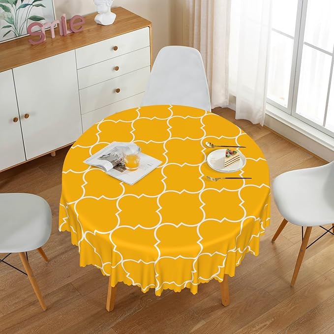 Laeacco 70 Inch Morocco Round Tablecloth Orange Geometric Lattice Modern Abstract Art Print Table Cloth Washable Waterproof Wrinkle Free Table Cover for Kitchen Dining Picnic Party Decoration