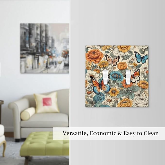 Decorative Light Switch Cover Vintage Colorful Floral Butterfly Flowers 2 Gang Wall Plate Double Toggle Switch Plate Receptacle Electrical Outlet Cover Switchplate for Bathroom Bedroom（2 Pack）