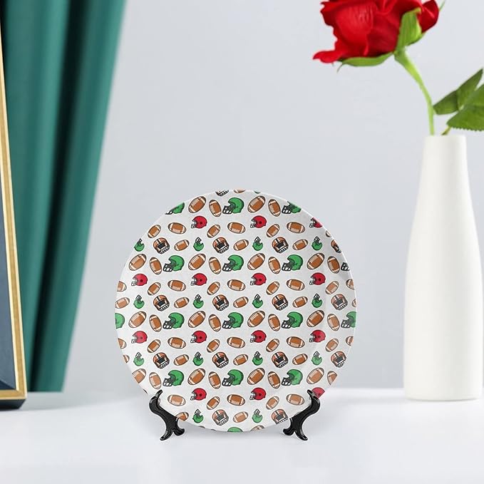Ceramic Plates, American Football Decorative Ceramic Plates, Cartoon Style Rugby Icons Balls American, 8 Inch, for Dining, Parties, Wedding, Multicolor