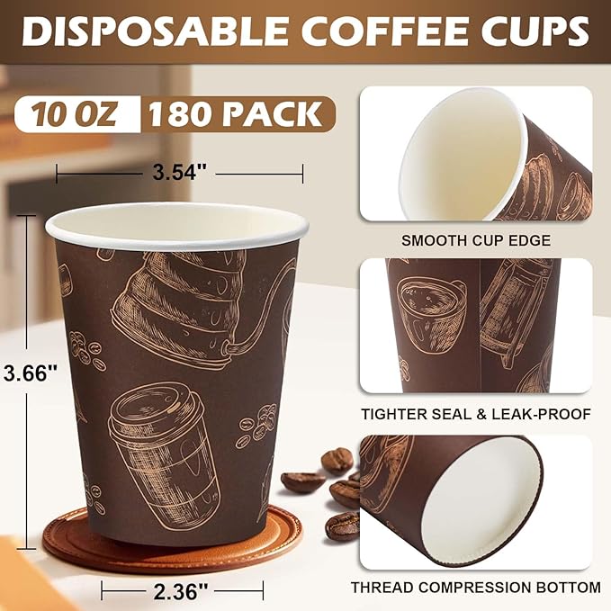 180 Pack 10 oz Disposable Paper Coffee Cups, Hot/Cold Beverage Drinking Cups, Brown Hot Coffee Cups for Party, Picnic, Travel, and Events