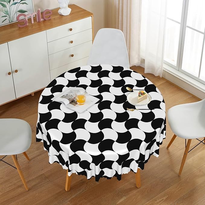 Laeacco 70 Inch Geometric Round Tablecloth Black and White Abstract Pattern Modern Art Print Table Cloth Washable Waterproof Wrinkle Free Table Cover for Kitchen Dining Picnic Party Decoration