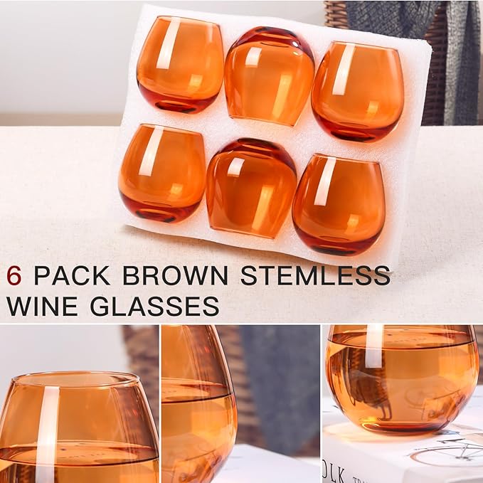 Brown Stemless Wine Glasses Set of 6-15 oz -Modern Hand-Blown Wine Glasses, European Design Crystal Glass For Red & White Wine, Unique Gifts for Wedding, Birthday