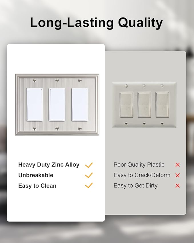 2-Pack Decorative Tripple Decorator Outlet Cover Plate, Durable Zinc Alloy Brushed Nickel Wall Plates for Electrical Outlets, Receptacle, GFCI Outlet, Dimmer Switch, 3-Gang