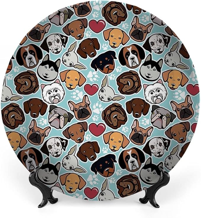 Ceramic Display Plate, Dog Lover Ceramic Hanging Decorative Plate, Canine Breeds Bulldog Chihuahua Siberians and Retriever, 7 Inch, Living Room Kitchen Decoration Household, Multicolor