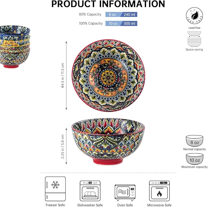 Henten Home Ceramic Dessert Bowls Set of 6, Bohemia 10 oz Snack Serving Bowl, Porcelain Colorful Bowls for Snack, Soup, Ice Cream, Decorative, Microwave & Dishwasher Safe