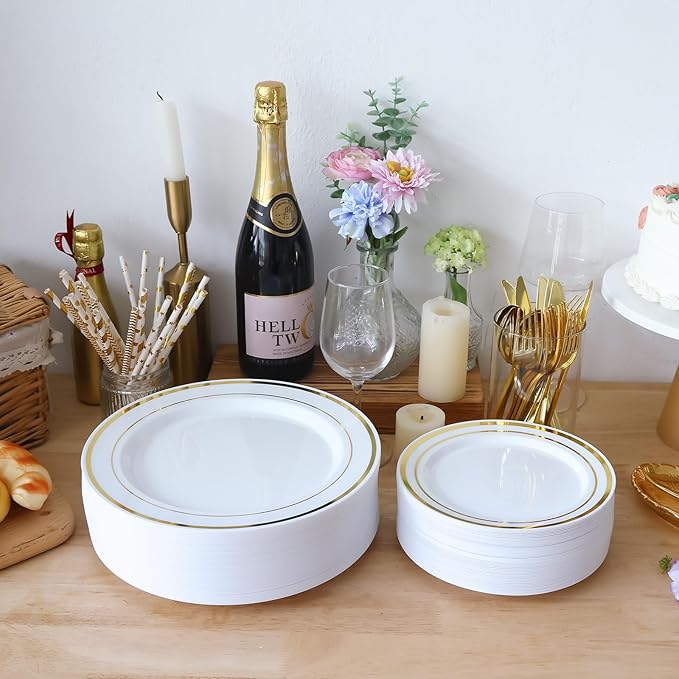 Moretoes 100PCS Gold Plastic Plates Disposable,Party Plates White Gold Rim, 10.25inch Dinner Plate and 7.5inch Dessert Salad Plate for Wedding Party and Birthday