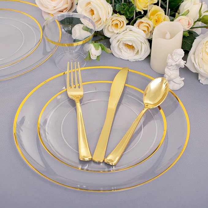 Rubtlamp 140Pcs Gold Plastic Plates, Clear Disposable Plates with Gold Trim, gold Dinnerware Include 20Dinner Plates,20Salad Plates, 20Cups,20Silverware With Pre Rolled Napkins