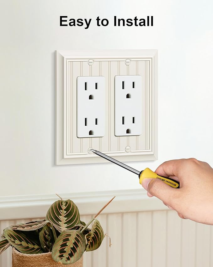 2-Pack Classic Beadboard Decorative Double Decorator Outlet Cover Plate, Light Almond Durable Natural Bamboo Fiber Wall Plates for Electrical Outlets, Receptacle, GFCI Outlet, Dimmer Switch, 2-Gang