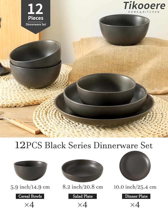 Stoneware Dinnerware Set for 4 Person,12 Pieces Ceramic Plates and Bowls Sets Matte Black Modern Dish Set for Kitchen Dinner,Scratch Resistant,Microwave and Dishwasher Safe,Round