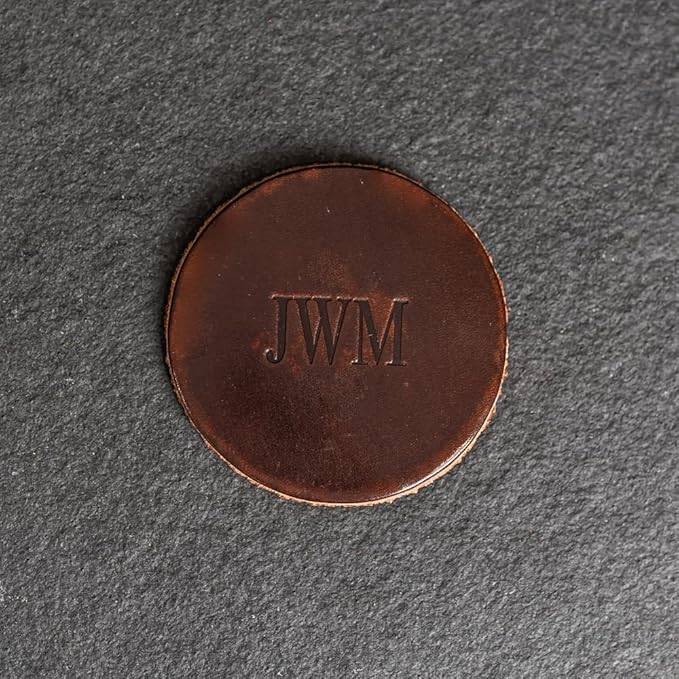 Ox & Pine Personalized Leather Coaster - Sold Individually or in Sets of 4 - Customize Inscription - 100% Full-Grain Leather – 4" Round or 4" Square (Square, Harvest, 1 Individual Coaster)