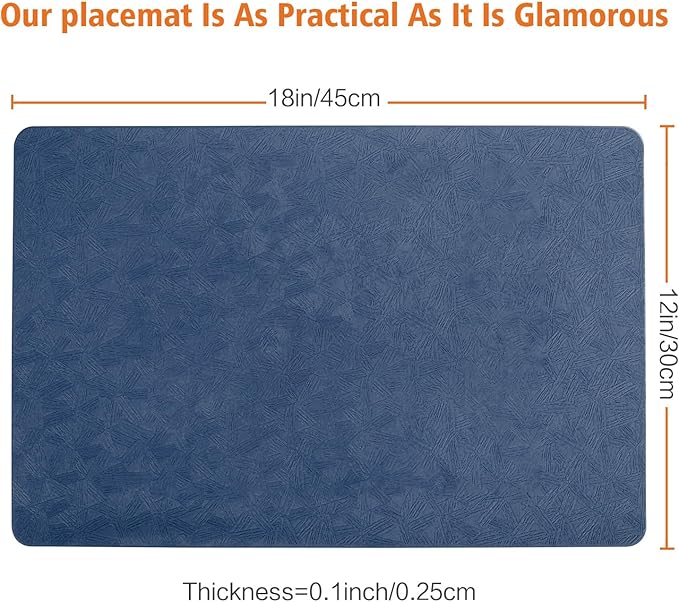 Vinyl Placemats Set of 6 Heat Resistant Easy Clean Non-Slip Place Mats for Dining Table Faux Leather Waterproof Stain Resistant Wipeable Washable PVC Table Mats(6, Blue)