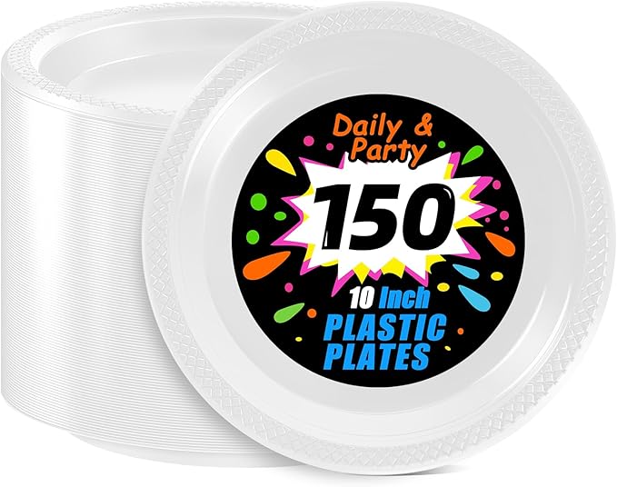 WELLIFE White Plastic Plates 10 Inch -150 Count for Party, Disposable Plastic Party Plates for New Year Wedding Dinner Birthday Engagement