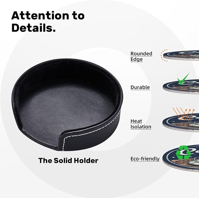 Coffee Coasters for Drinks with Holder Round Leather Coasters Set of 6 Cups Mugs Mat Pad for Home Kitchen Bar
