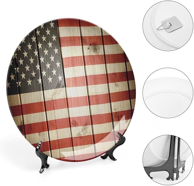 Ceramic Display Plate, American Flag Decor Ceramic Hanging Decorative Plate, USA Flag Over Vertical Striped Wooden Board, 10 Inch, Living Room Kitchen Decoration Household, Blue Red
