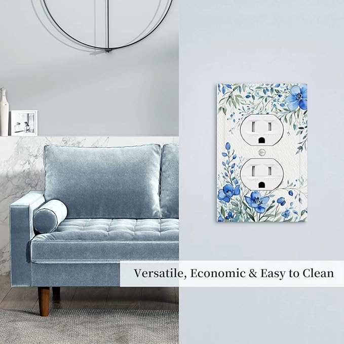 Outlet Covers Blue Watercolor Flowers Retro Floral Leaves 1 Gang Duplex Light Switch Cover Plate Decorative Wall Plates Electrical Switchplate Receptacle for Bathroom Bedroom Decor（2 Pack）