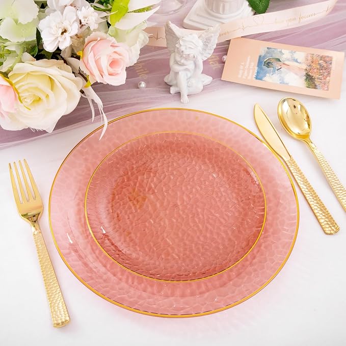 Hioasis 60pcs Burgundy Plastic Plates - Gold Rimmed Disposable, Hammered, Heavy-duty Dinnerware Set Suitable for 30 Guests, 10.25" Dinner & 7.5" Dessert Plates for Party & Wedding