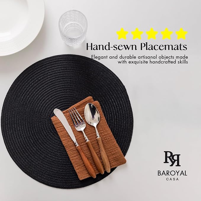 Round Placemats Set of 6 Woven Placemats Washable Braided Table Mats for Dining Table Heat Resistant Non-Slip Circle Place Mats(Black)