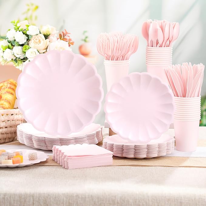 Light Pink Scalloped Paper Plates Shell Edge Disposable Tableware Cocktail Napkins Cups Plastic Spoons Forks Knives for Wedding Baby Shower Picnic Birthday Party Supply for 50 Guests