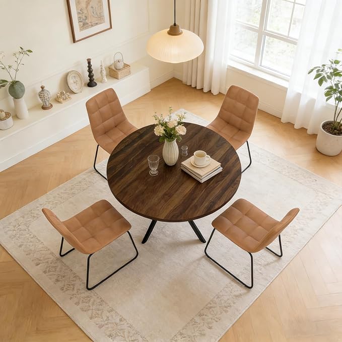44" Round Dining Table with Cozy Chair Set for 4, Modern Mid-Century Dining Table Set of 4, Dinette Sets with Metal Leg for Kitchen Dining Room Apartment(Walnut Table + Brown Chairs)