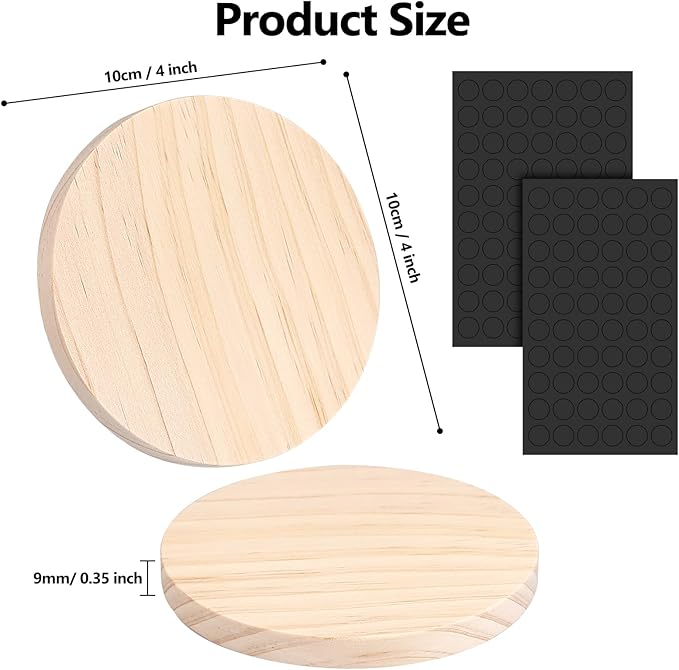Adrattnay 96Pcs Unfinished Wood Coasters, 4" Round, Beige Pine Wood Drink Coasters with Non-Slip Dot for Tabletop Protection