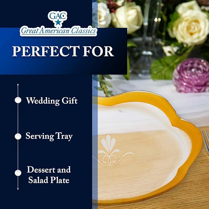GAC Scalloped Tempered Glass Dessert Plates and Platters - Elegant Dinnerware & Decorative Plates with Gold Trim, Ideal for Serving Food, Special Occasions, and Presents - Set of 4, 7.5 Inch