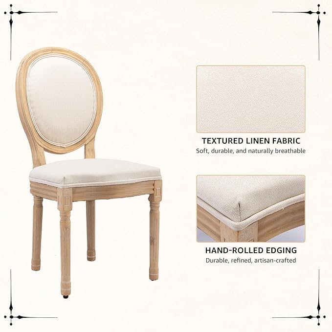 Vintage French Dining Chairs Set of 2, Round Back Accent Chairs with Linen Seat and Solid Wood Frame, Farmhouse Sillas de Comedor Upholstered for Dining Room & Kitchen, Beige
