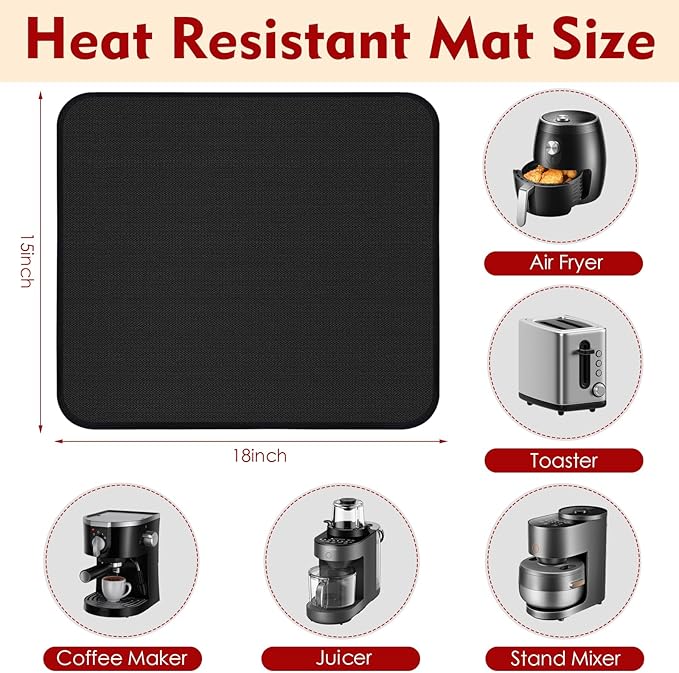 Heat Resistant Mats for Countertop,15x18 in Silicone Heat Resistant Mat for Air Fryer, Fireproof Pad for Coffee Maker,Toaster, Oven, Kitchen Countertop Protector Compatible with Ninja,COSORI, 1PCS
