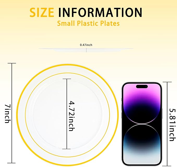 I00000 60PCS Clear Gold Dessert Plates, Clear Plastic Plates with Gold Rim 7 Inch, Fancy Disposable Wedding Plate Heavy Duty for Birthday, Wedding & Party